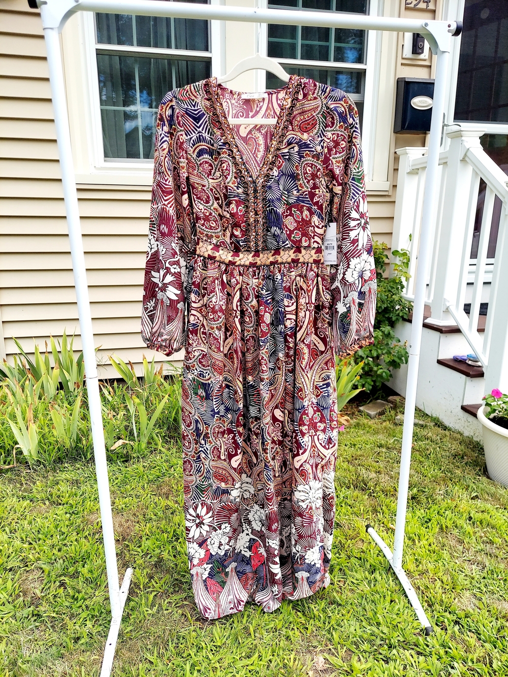 Dex Beaded Trim Burgundy Paisley & Floral Flowy Maxi Dress Womens Size XS NWT